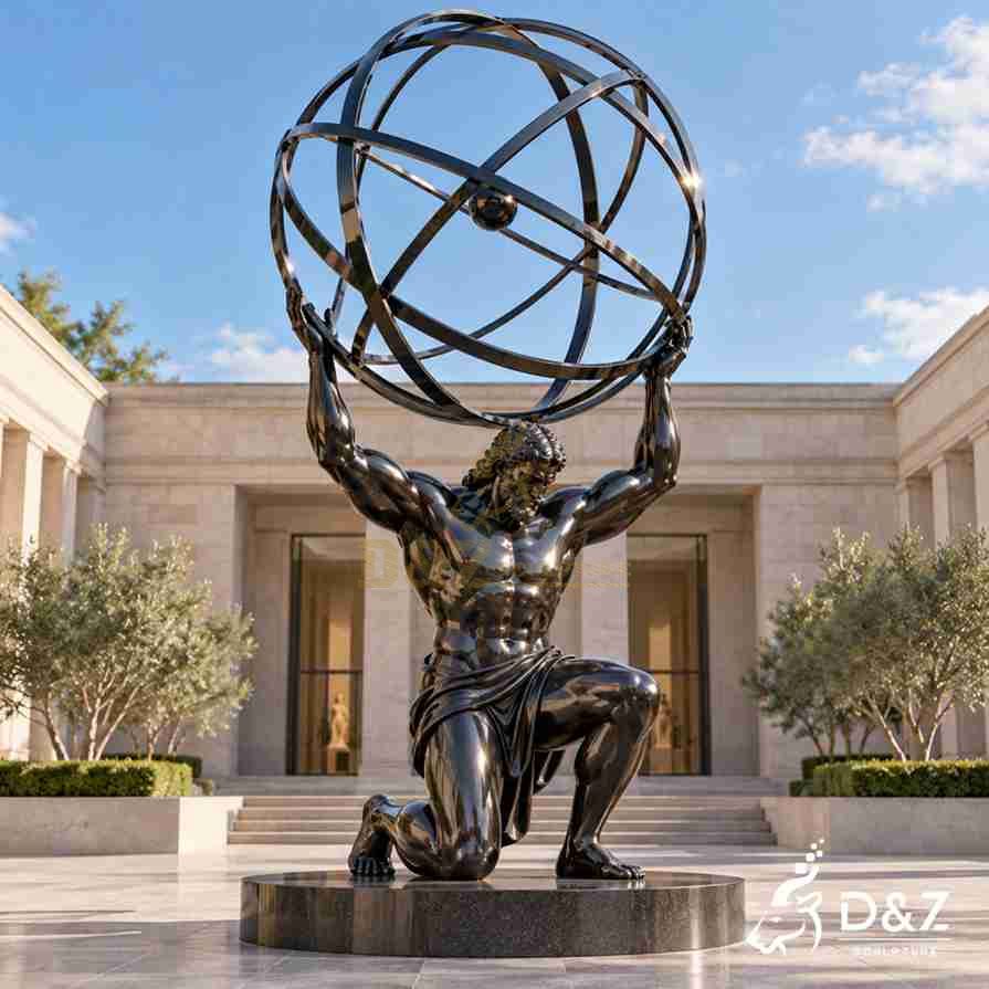 Kneeling Atlas figure sculpture in black stainless steel holding a geometric celestial sphere on a circular marble base.