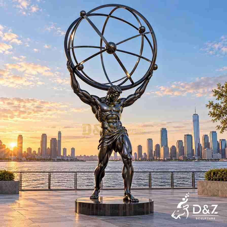 Modern black metal Atlas sculpture supporting an openwork celestial globe beside a waterfront skyline at sunset.