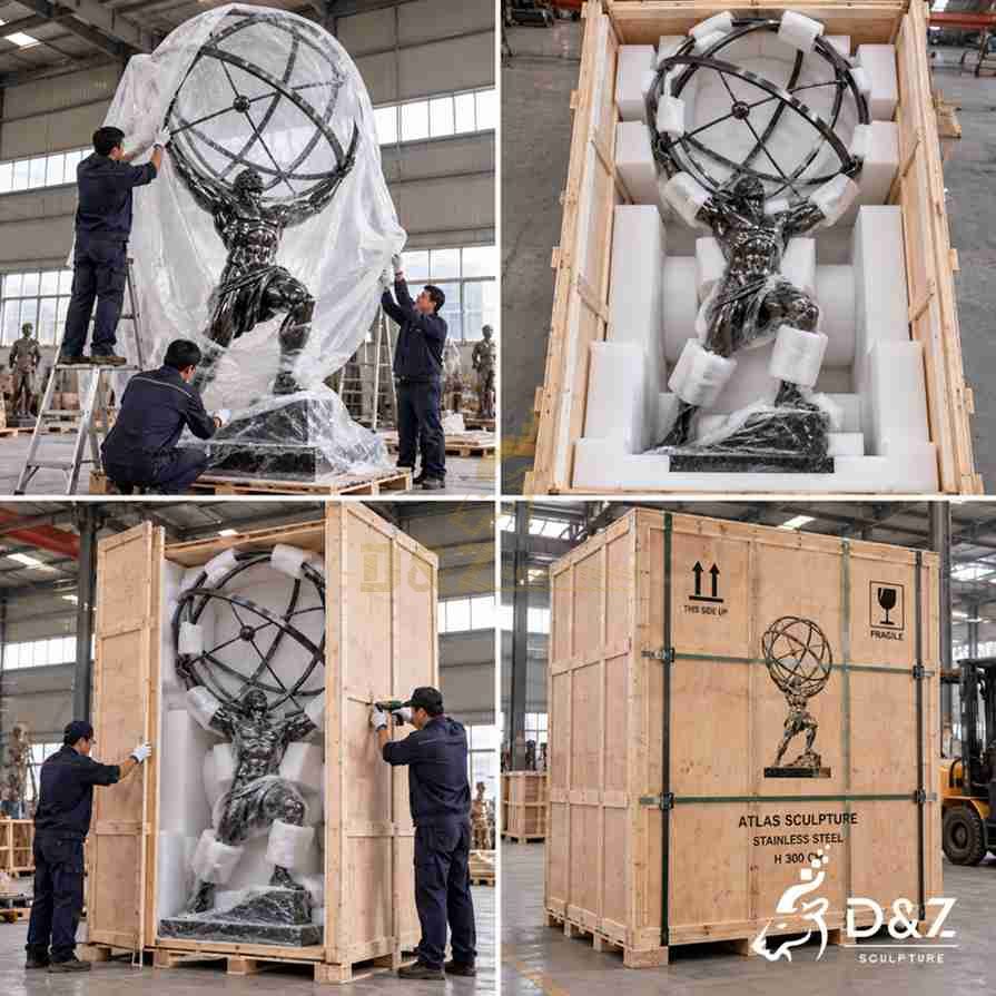 Illustrated export packaging process for a stainless steel Atlas sculpture using protective film, foam padding, and a wooden shipping crate.