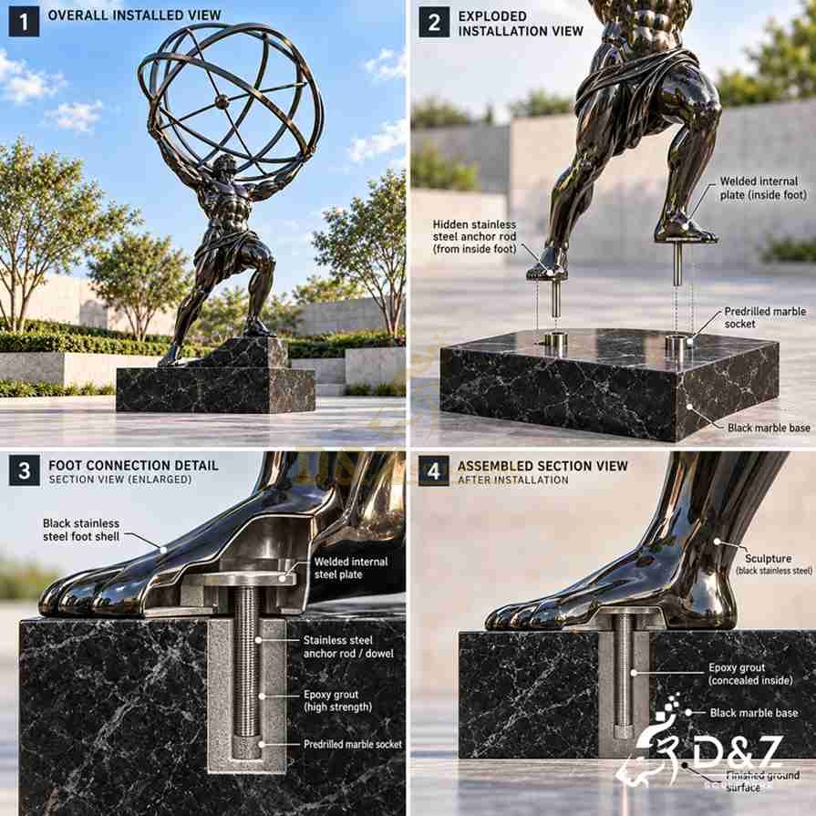 Technical illustration of hidden stainless steel anchor rods connecting the feet of an Atlas sculpture to a black marble base.