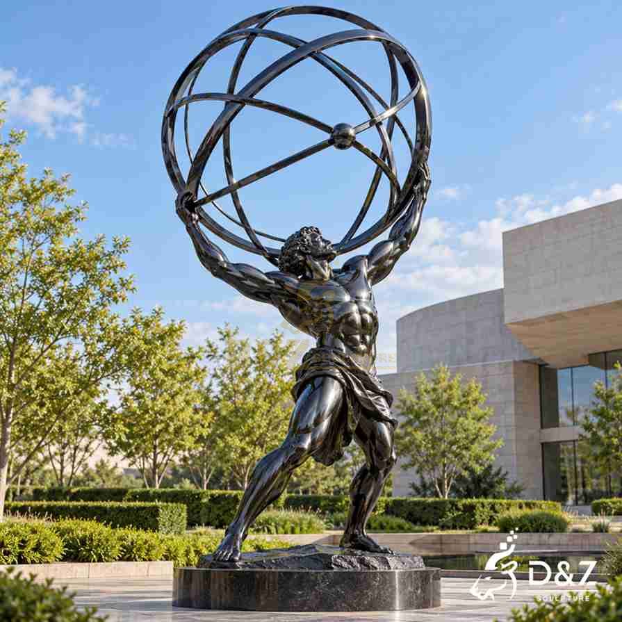 Side perspective of a black stainless steel Atlas figure sculpture with extended arms holding a large metal sphere in a landscaped courtyard.