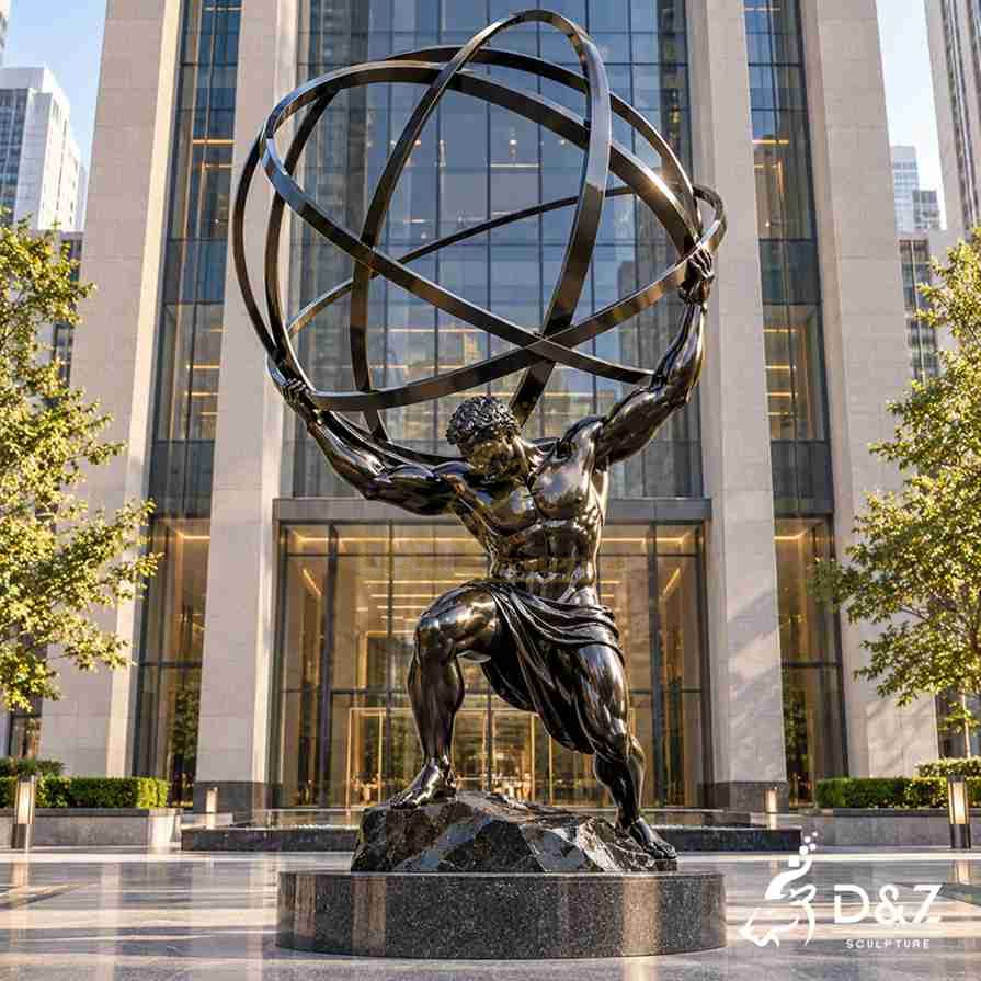 Large black Atlas sculpture with a geometric celestial sphere displayed outside a modern corporate headquarters.