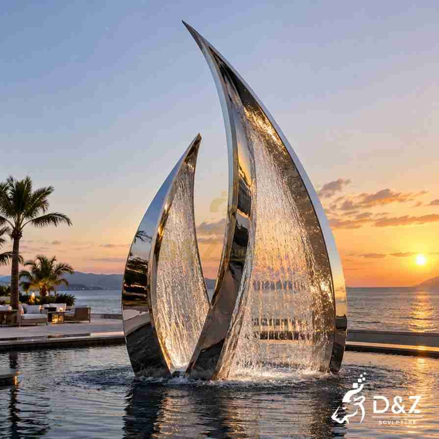 Stainless steel waterfall fountain with two curved mirror-polished blades and cascading water at a luxury seaside resort. Stainless steel waterfall fountain with two curved mirror-polished blades and cascading water at a luxury seaside resort.
