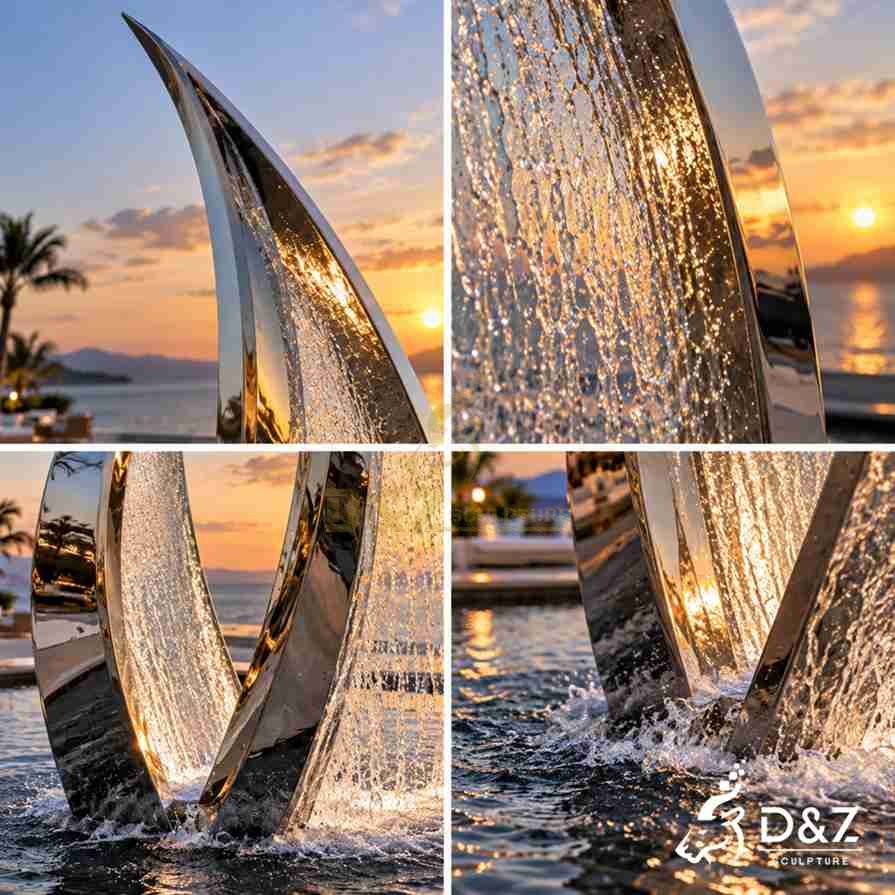 Close-up details of a stainless steel waterfall fountain showing curved metal edges, cascading water sheets, and splashing water. Close-up details of a stainless steel waterfall fountain showing curved metal edges, cascading water sheets, and splashing water.