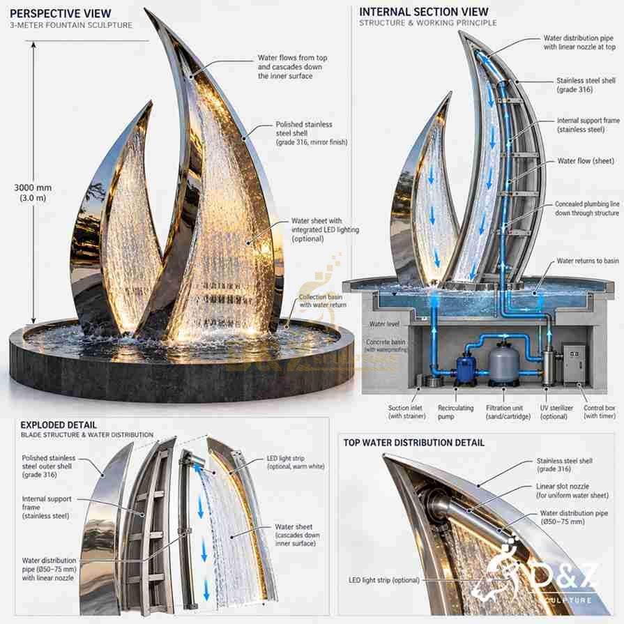 Technical diagram of a 3-meter stainless steel waterfall fountain showing internal pipes, water circulation, LED lighting, and pump system. Technical diagram of a 3-meter stainless steel waterfall fountain showing internal pipes, water circulation, LED lighting, and pump system.