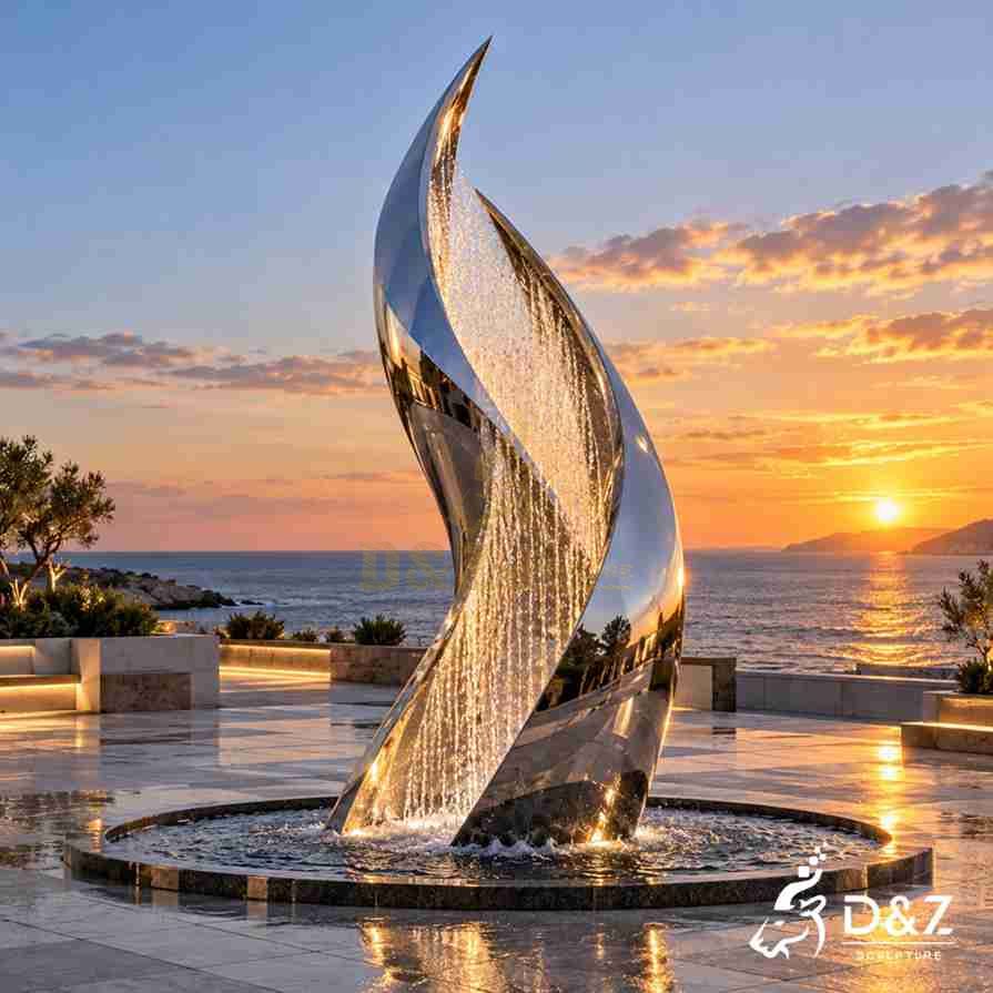 Modern metal fountain with twisting stainless steel blades and illuminated cascading water in a luxury coastal landscape. Modern metal fountain with twisting stainless steel blades and illuminated cascading water in a luxury coastal landscape.