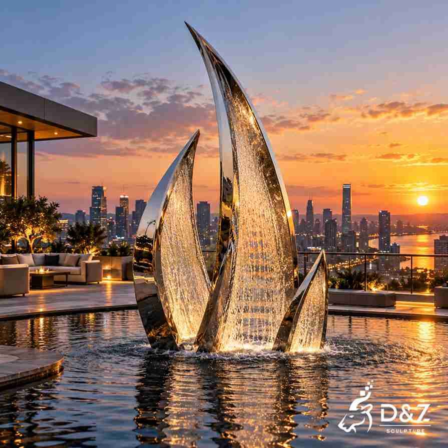 Large stainless steel water fountain with three curved blades and illuminated waterfalls on a luxury rooftop terrace at sunset. Large stainless steel water fountain with three curved blades and illuminated waterfalls on a luxury rooftop terrace at sunset.