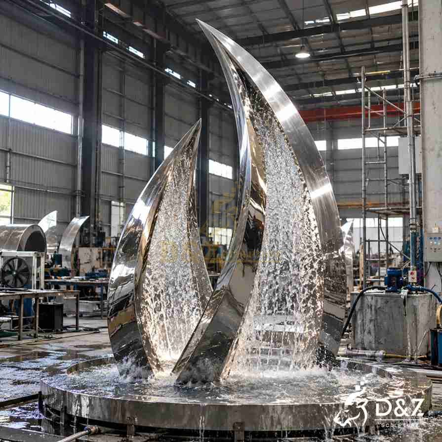 Stainless steel waterfall fountain water-testing illustration showing curved mirror-polished blades and continuous water flow inside a factory. Stainless steel waterfall fountain water-testing illustration showing curved mirror-polished blades and continuous water flow inside a factory.