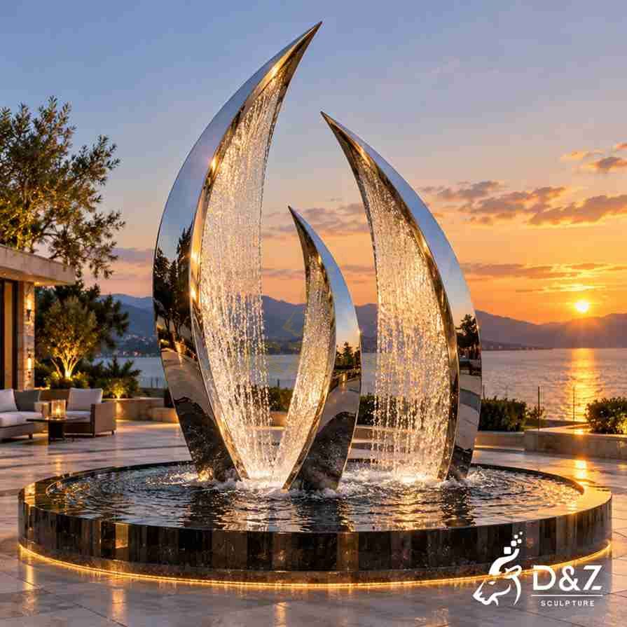 Abstract flame-shaped stainless steel outdoor fountain with three mirror-polished blades and cascading water at a seaside villa. Abstract flame-shaped stainless steel outdoor fountain with three mirror-polished blades and cascading water at a seaside villa.