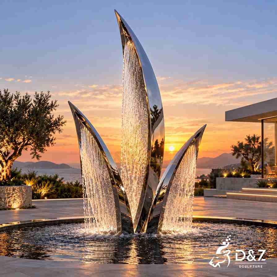 Large stainless steel waterfall fountain with three illuminated curved blades in a circular pool overlooking the ocean. Large stainless steel waterfall fountain with three illuminated curved blades in a circular pool overlooking the ocean.