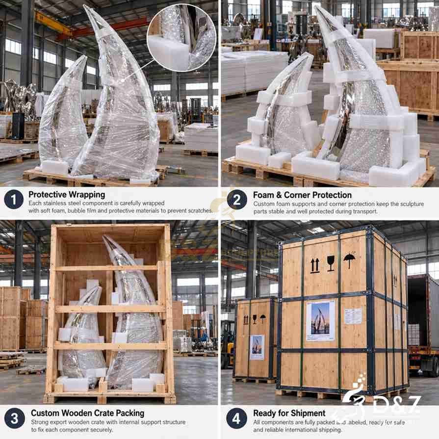 Export packaging illustration of stainless steel fountain components with protective film, foam padding, and reinforced wooden crates. Export packaging illustration of stainless steel fountain components with protective film, foam padding, and reinforced wooden crates.