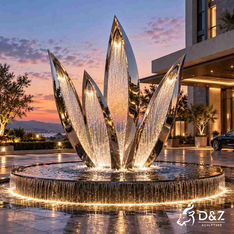 Large stainless steel outdoor fountain with multiple illuminated waterfall blades and a circular overflow pool outside a luxury building. Large stainless steel outdoor fountain with multiple illuminated waterfall blades and a circular overflow pool outside a luxury building.