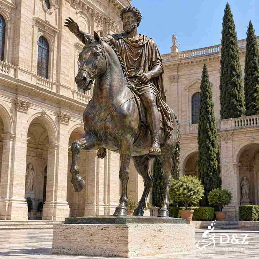 Bronze Marcus Aurelius equestrian statue with the rider extending his right arm on a walking horse. Bronze Marcus Aurelius equestrian statue with the rider extending his right arm on a walking horse.