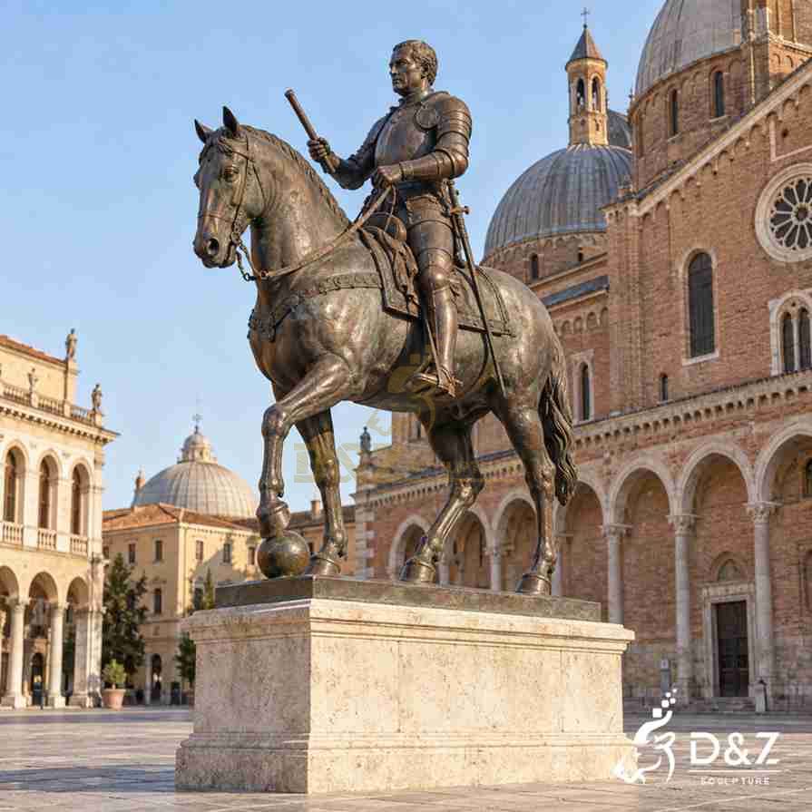 Bronze equestrian statue of Gattamelata holding a baton, with a sphere beneath the horse’s raised front hoof. Bronze equestrian statue of Gattamelata holding a baton, with a sphere beneath the horse’s raised front hoof.