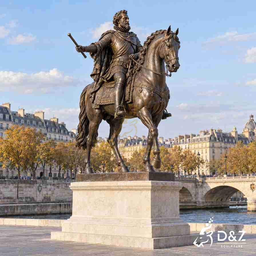 Bronze equestrian statue of Henri IV extending a baton, with a decorated cloak and fleur-de-lis horse tack. Bronze equestrian statue of Henri IV extending a baton, with a decorated cloak and fleur-de-lis horse tack.