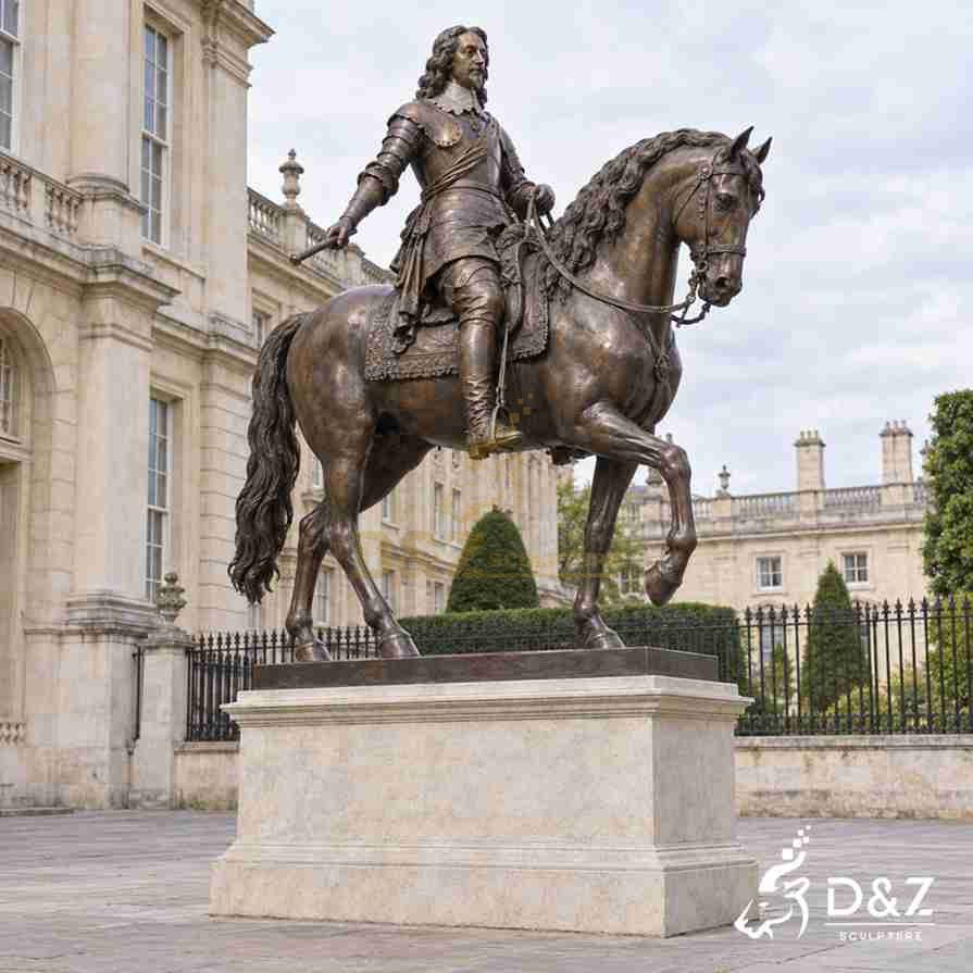 Bronze equestrian statue of King Charles I in armor, holding a lowered baton on a horse with one raised foreleg. Bronze equestrian statue of King Charles I in armor, holding a lowered baton on a horse with one raised foreleg.