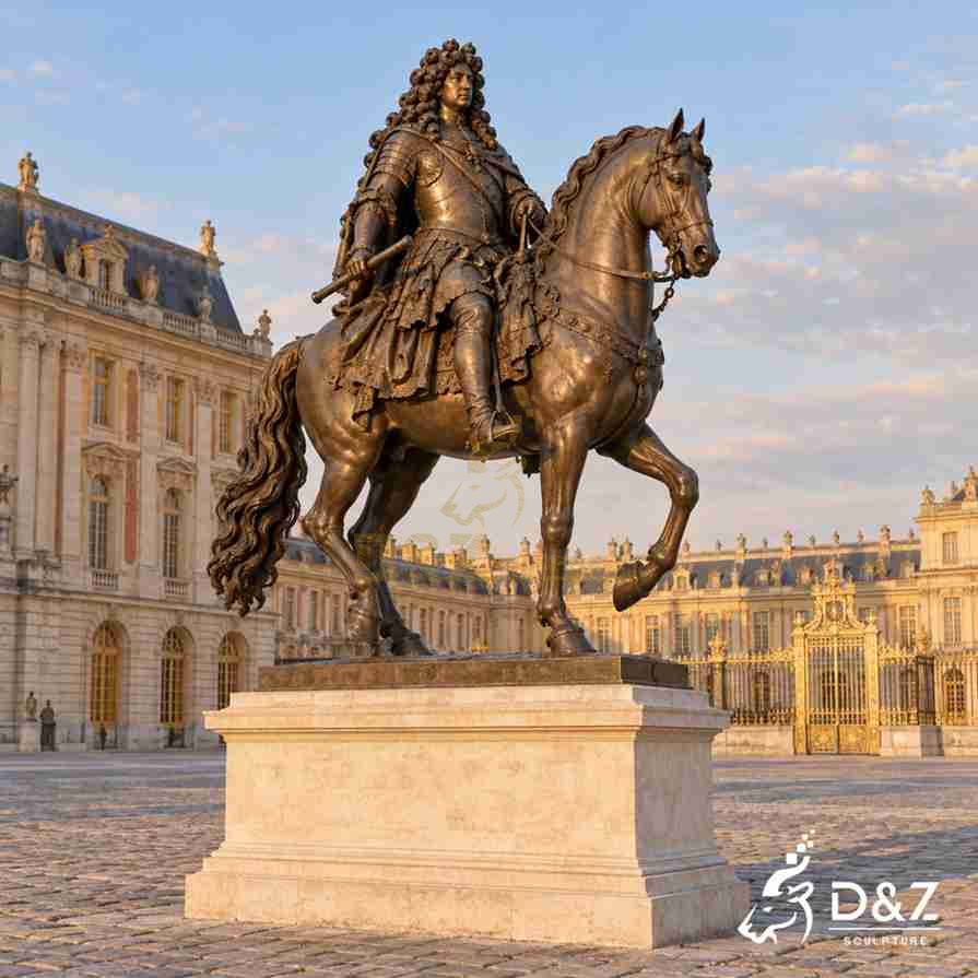 Bronze Louis XIV equestrian statue with long curls, ornate armor, and a horse stepping forward. Bronze Louis XIV equestrian statue with long curls, ornate armor, and a horse stepping forward.