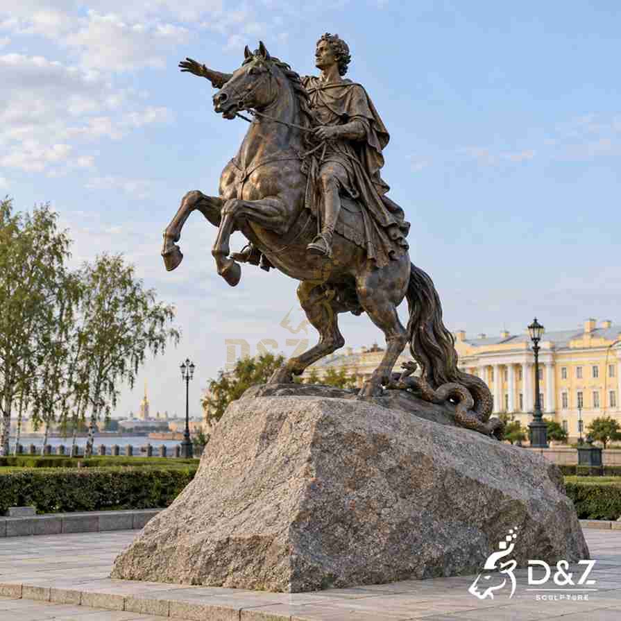 Bronze Peter the Great equestrian statue extending one arm while riding a rearing horse on a rocky base. Bronze Peter the Great equestrian statue extending one arm while riding a rearing horse on a rocky base.