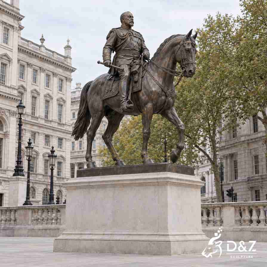 Bronze King Edward VII equestrian statue in a decorated military uniform, holding a baton on a walking horse. Bronze King Edward VII equestrian statue in a decorated military uniform, holding a baton on a walking horse.