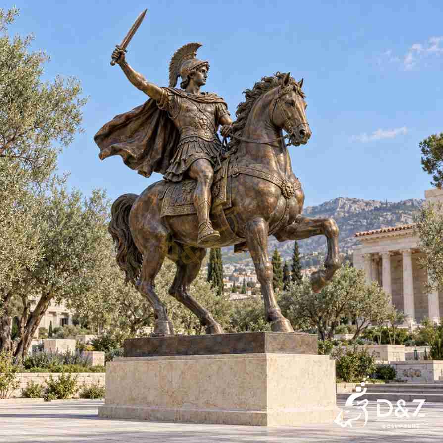Bronze equestrian statue of Alexander the Great wearing a crested helmet and raising a sword on horseback. Bronze equestrian statue of Alexander the Great wearing a crested helmet and raising a sword on horseback.