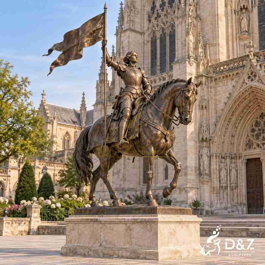 Bronze Joan of Arc equestrian statue in armor, holding a raised banner while riding a walking horse. Bronze Joan of Arc equestrian statue in armor, holding a raised banner while riding a walking horse.