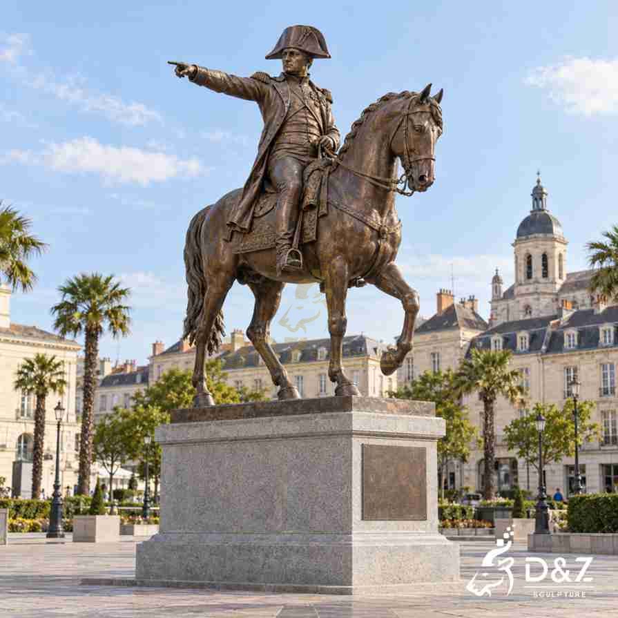 Bronze Napoleon equestrian statue wearing a bicorne hat and pointing into the distance on horseback. Bronze Napoleon equestrian statue wearing a bicorne hat and pointing into the distance on horseback.