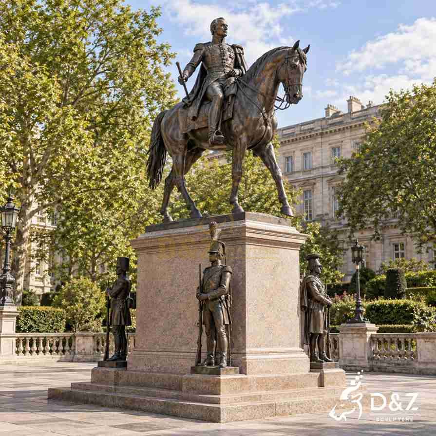 Bronze equestrian statue of the Duke of Wellington above a tall stone pedestal surrounded by soldier figures. Bronze equestrian statue of the Duke of Wellington above a tall stone pedestal surrounded by soldier figures.