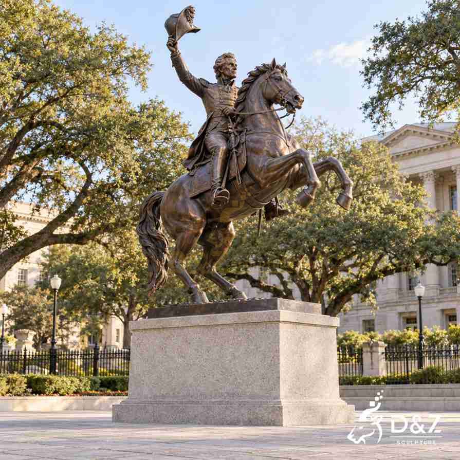 Bronze Andrew Jackson equestrian statue raising a military hat while riding a rearing horse. Bronze Andrew Jackson equestrian statue raising a military hat while riding a rearing horse.
