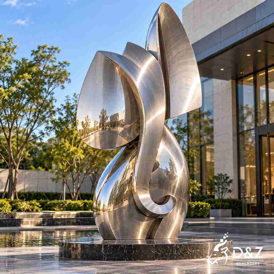 Large abstract elephant sculpture made of mirror-polished stainless steel with broad curved ears and a curled trunk outside a modern building. Large abstract elephant sculpture made of mirror-polished stainless steel with broad curved ears and a curled trunk outside a modern building.