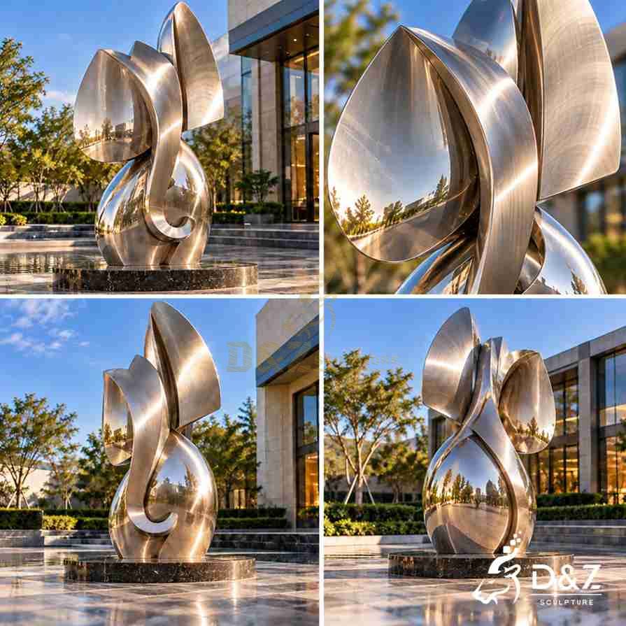 Four views of an abstract stainless steel elephant sculpture showing its curved ears, curled trunk, reflective surface, and rear design. Four views of an abstract stainless steel elephant sculpture showing its curved ears, curled trunk, reflective surface, and rear design.