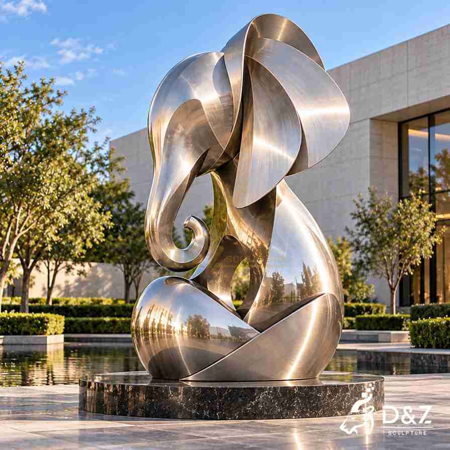 Modern metal elephant sculpture with oversized curved ears, a curled trunk, and a polished stainless steel body on a black circular base. Modern metal elephant sculpture with oversized curved ears, a curled trunk, and a polished stainless steel body on a black circular base.