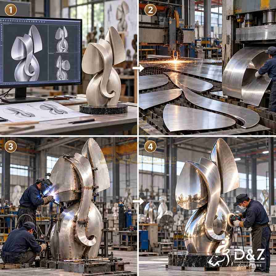 Illustrated production process of an abstract elephant sculpture showing 3D modeling, metal cutting, welding, and mirror polishing. Illustrated production process of an abstract elephant sculpture showing 3D modeling, metal cutting, welding, and mirror polishing.