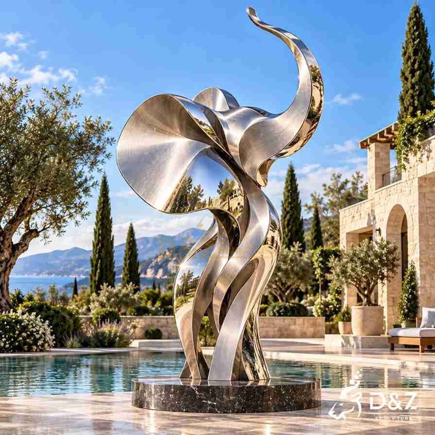Large mirror-polished stainless steel elephant sculpture with a raised trunk and sweeping curved ears in a luxury villa garden. Large mirror-polished stainless steel elephant sculpture with a raised trunk and sweeping curved ears in a luxury villa garden.