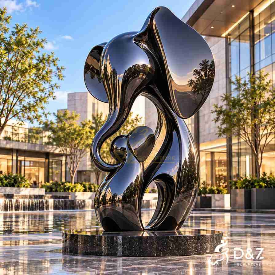 Black mirror-polished abstract elephant sculpture with angular ears and flowing geometric forms in a modern architectural courtyard. Black mirror-polished abstract elephant sculpture with angular ears and flowing geometric forms in a modern architectural courtyard.