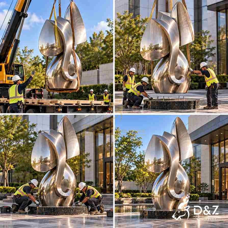 Illustrated installation sequence of a large stainless steel elephant sculpture showing crane lifting, base positioning, and anchoring. Illustrated installation sequence of a large stainless steel elephant sculpture showing crane lifting, base positioning, and anchoring.