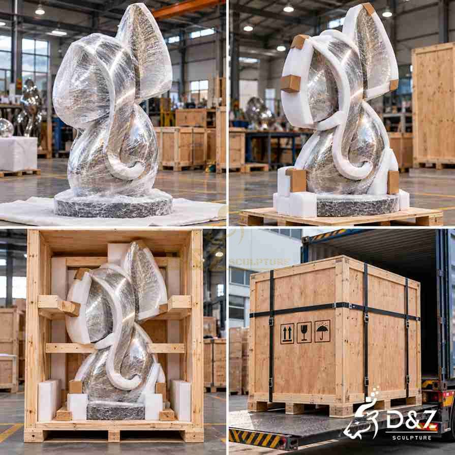 Export packaging illustration of a stainless steel elephant sculpture with protective wrapping, foam supports, and a wooden crate. Export packaging illustration of a stainless steel elephant sculpture with protective wrapping, foam supports, and a wooden crate.