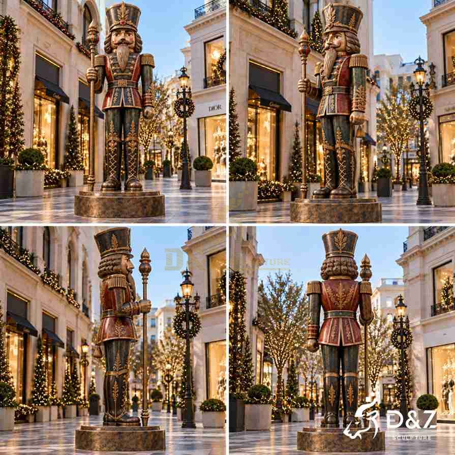 Four views of a bronze Christmas nutcracker soldier statue showing the front, angled, side and rear details of its decorated military uniform. Four views of a bronze Christmas nutcracker soldier statue showing the front, angled, side and rear details of its decorated military uniform.