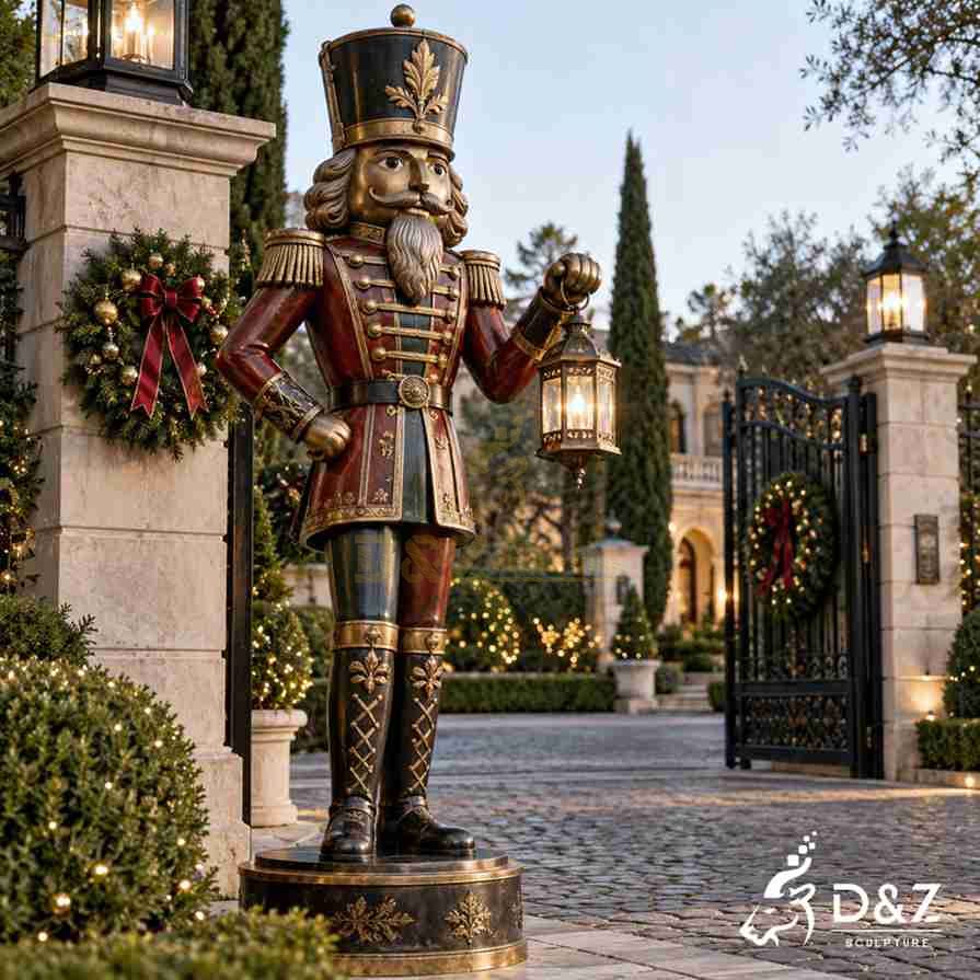 Large bronze Christmas nutcracker soldier holding a glowing lantern beside the decorated entrance of a luxury estate. Large bronze Christmas nutcracker soldier holding a glowing lantern beside the decorated entrance of a luxury estate.