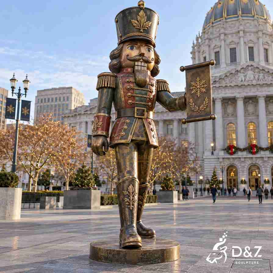 Bronze nutcracker soldier statue holding a decorative Christmas banner with a snowflake emblem in a festive public plaza. Bronze nutcracker soldier statue holding a decorative Christmas banner with a snowflake emblem in a festive public plaza.