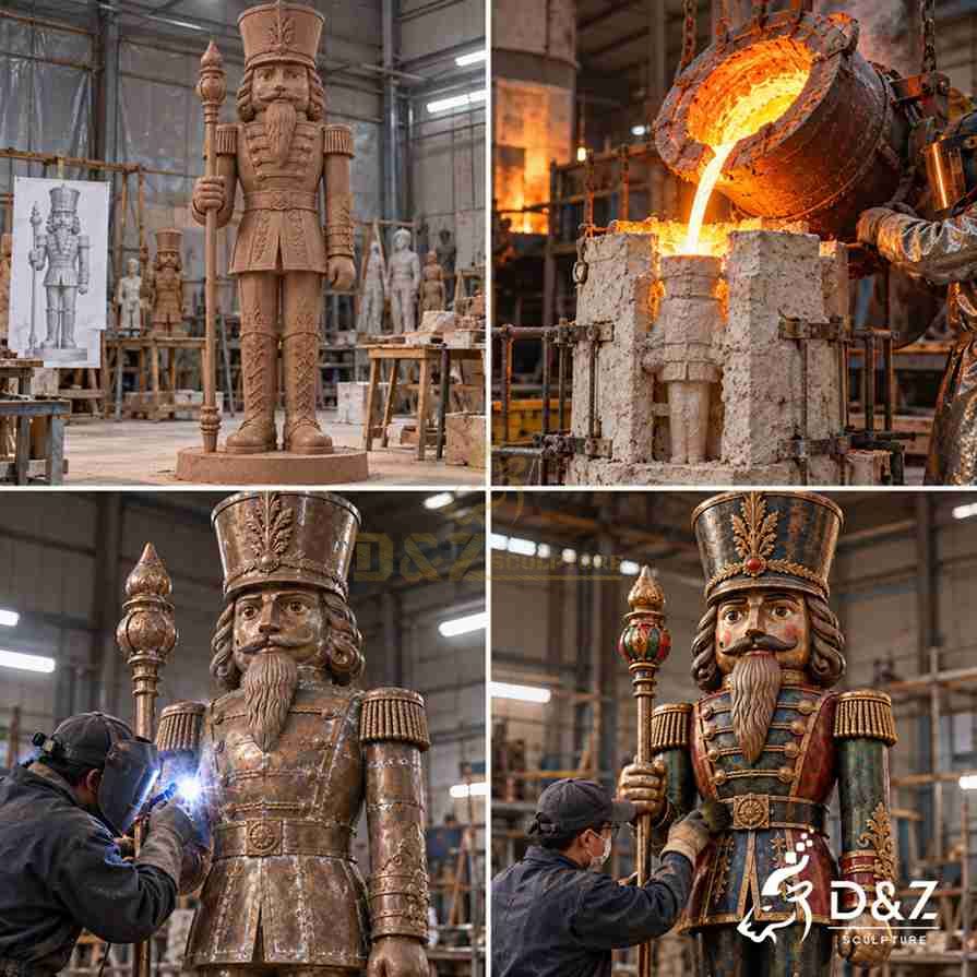 Illustrated production process of a bronze nutcracker soldier statue showing clay modeling, casting, welding and colored finishing. Illustrated production process of a bronze nutcracker soldier statue showing clay modeling, casting, welding and colored finishing.