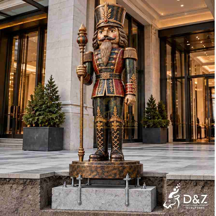 Installation concept for a large bronze nutcracker soldier statue showing metal anchor rods and a reinforced concrete foundation. Installation concept for a large bronze nutcracker soldier statue showing metal anchor rods and a reinforced concrete foundation.