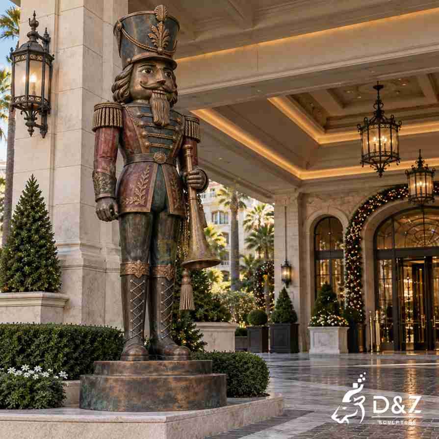 Large bronze Christmas nutcracker soldier statue holding a ceremonial trumpet at the entrance of a luxury hotel. Large bronze Christmas nutcracker soldier statue holding a ceremonial trumpet at the entrance of a luxury hotel.