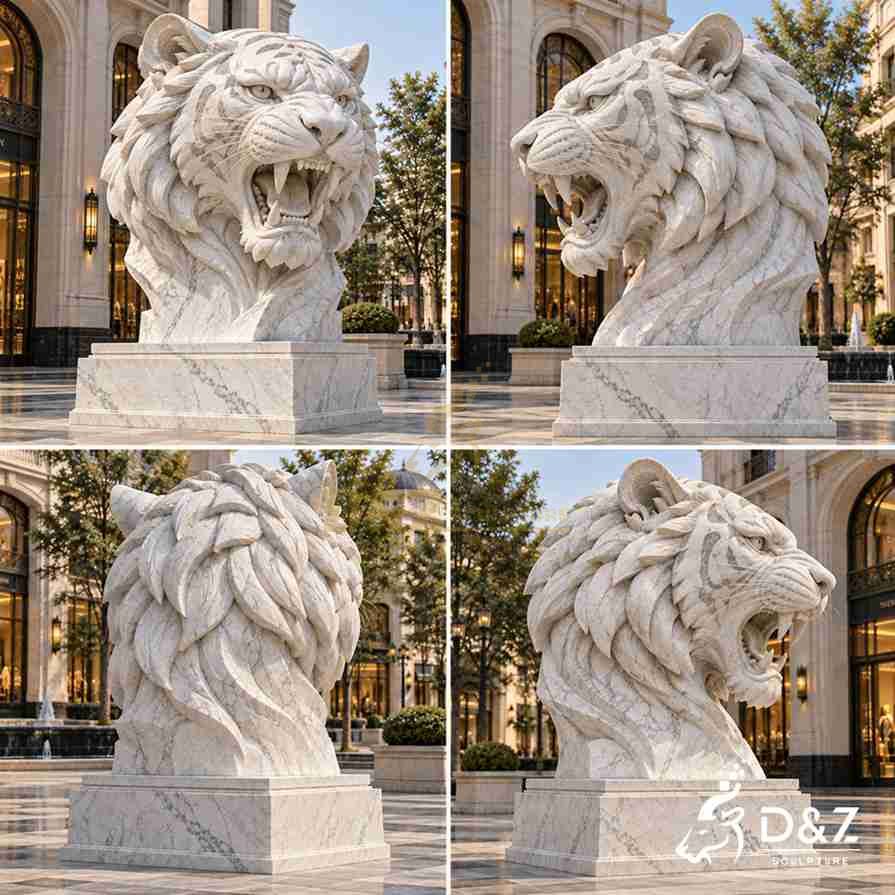 Four views of a marble tiger head statue showing its roaring face, side profile, layered fur, and rear carving details. Four views of a marble tiger head statue showing its roaring face, side profile, layered fur, and rear carving details.