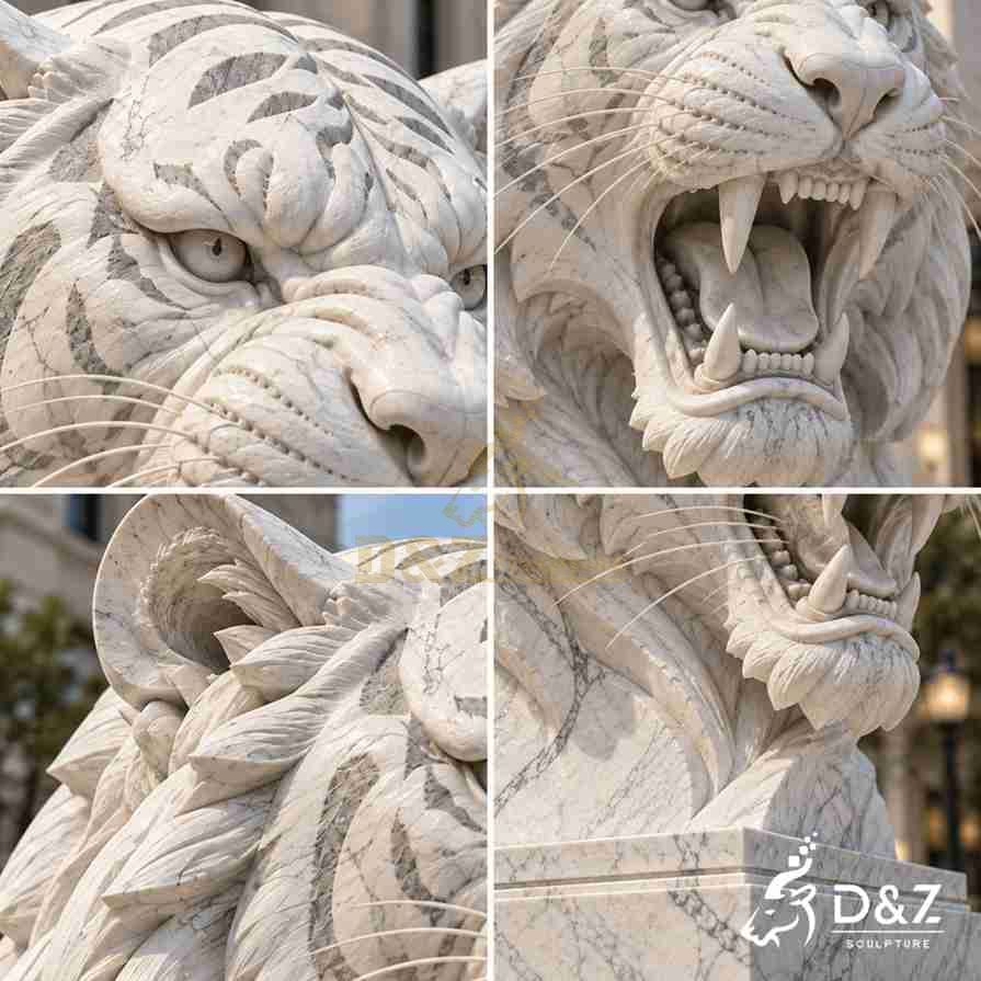 Close-up views of a white marble tiger sculpture featuring carved eyes, sharp teeth, whiskers, ears, and detailed fur. Close-up views of a white marble tiger sculpture featuring carved eyes, sharp teeth, whiskers, ears, and detailed fur.
