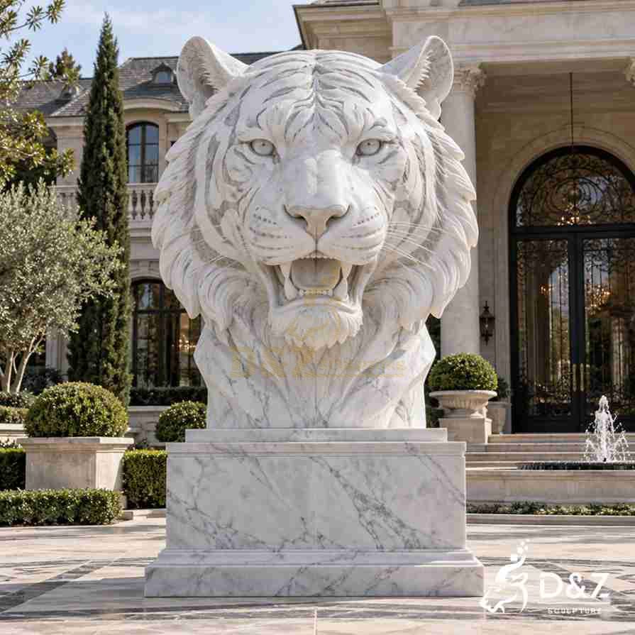 Front view of a large white marble tiger head statue with symmetrical facial stripes and an open mouth at a villa entrance. Front view of a large white marble tiger head statue with symmetrical facial stripes and an open mouth at a villa entrance.