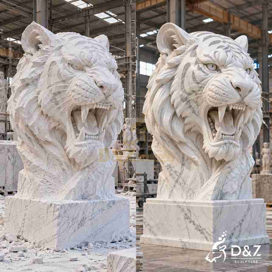 Comparison of rough carving and fine finishing stages of a large white marble tiger head sculpture in a stone workshop. Comparison of rough carving and fine finishing stages of a large white marble tiger head sculpture in a stone workshop.