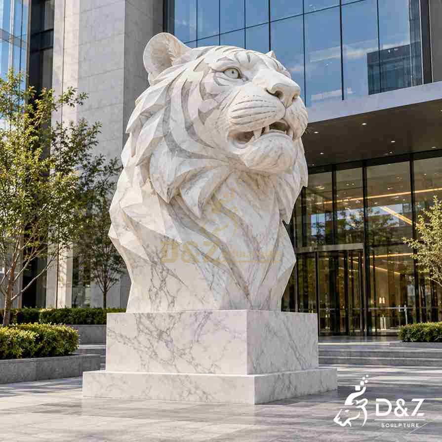Large outdoor white marble tiger head statue with a slightly open mouth and carved fur on a square stone pedestal. Large outdoor white marble tiger head statue with a slightly open mouth and carved fur on a square stone pedestal.