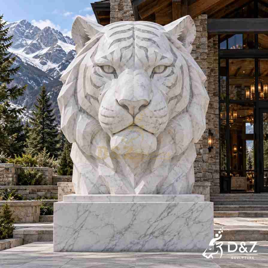 White marble tiger bust with a calm expression and detailed facial stripes in front of a mountain villa. White marble tiger bust with a calm expression and detailed facial stripes in front of a mountain villa.