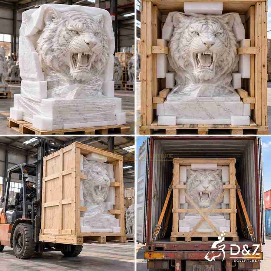 Packaging process illustration of a large marble tiger head statue showing protective foam, wooden crate packing, and container loading. Packaging process illustration of a large marble tiger head statue showing protective foam, wooden crate packing, and container loading.