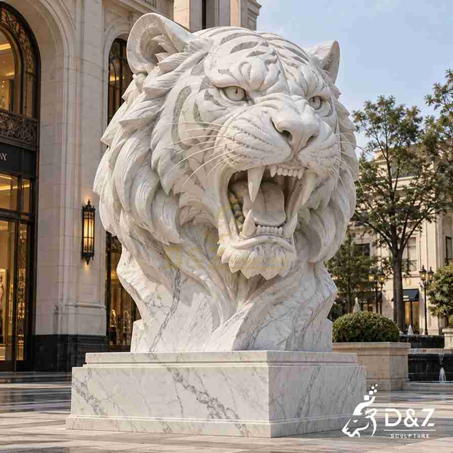 Roaring white marble tiger head statue with prominent fangs, deeply carved facial details, and a matching marble pedestal. Roaring white marble tiger head statue with prominent fangs, deeply carved facial details, and a matching marble pedestal.
